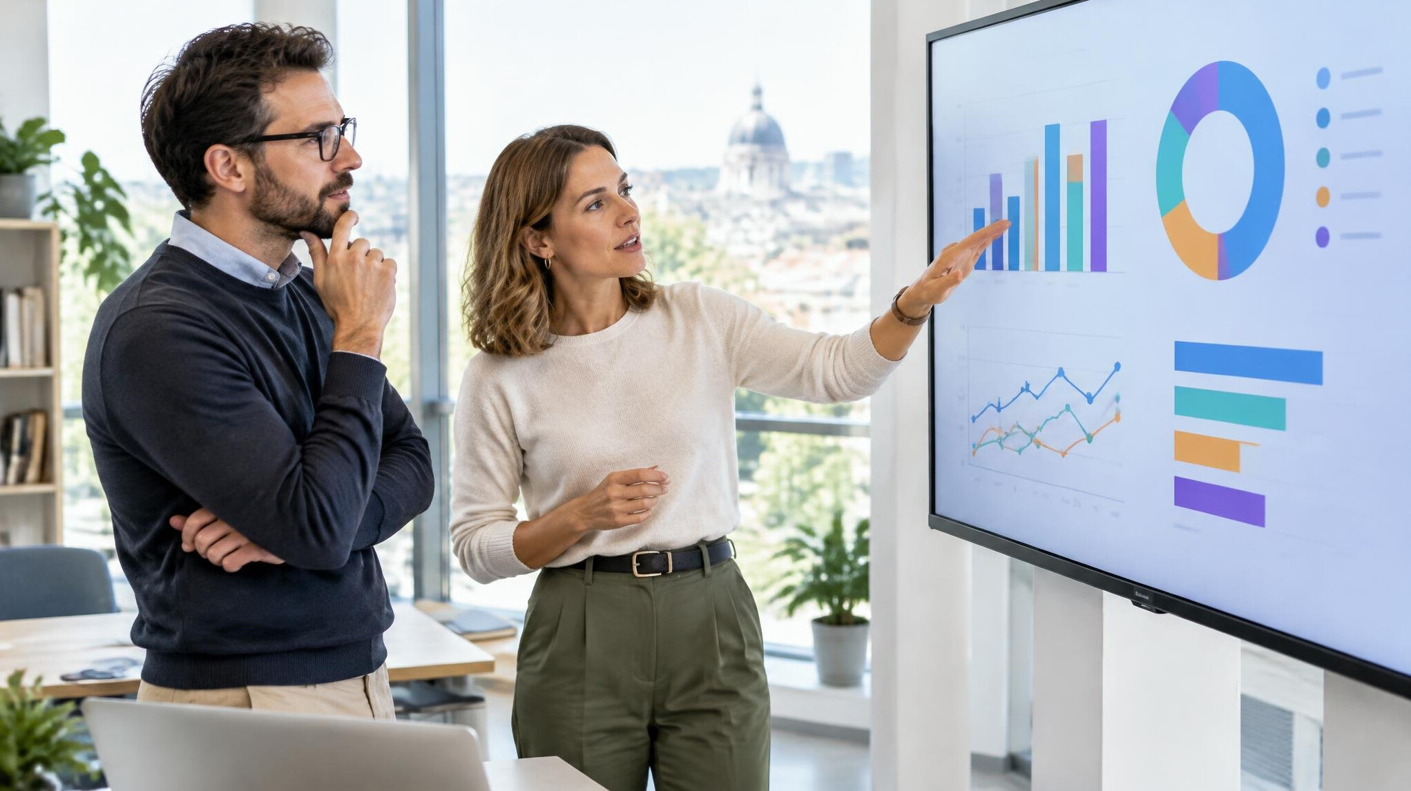 Research team analyzing audience survey charts on a screen
