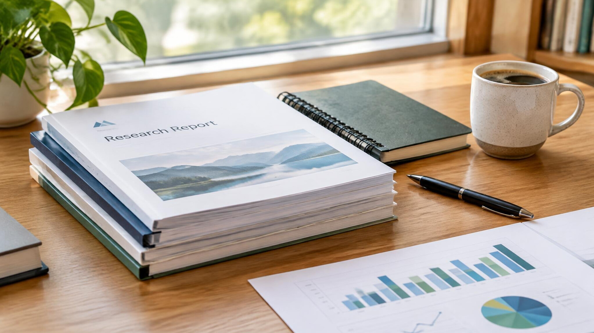 Stack of printed research reports and notebooks