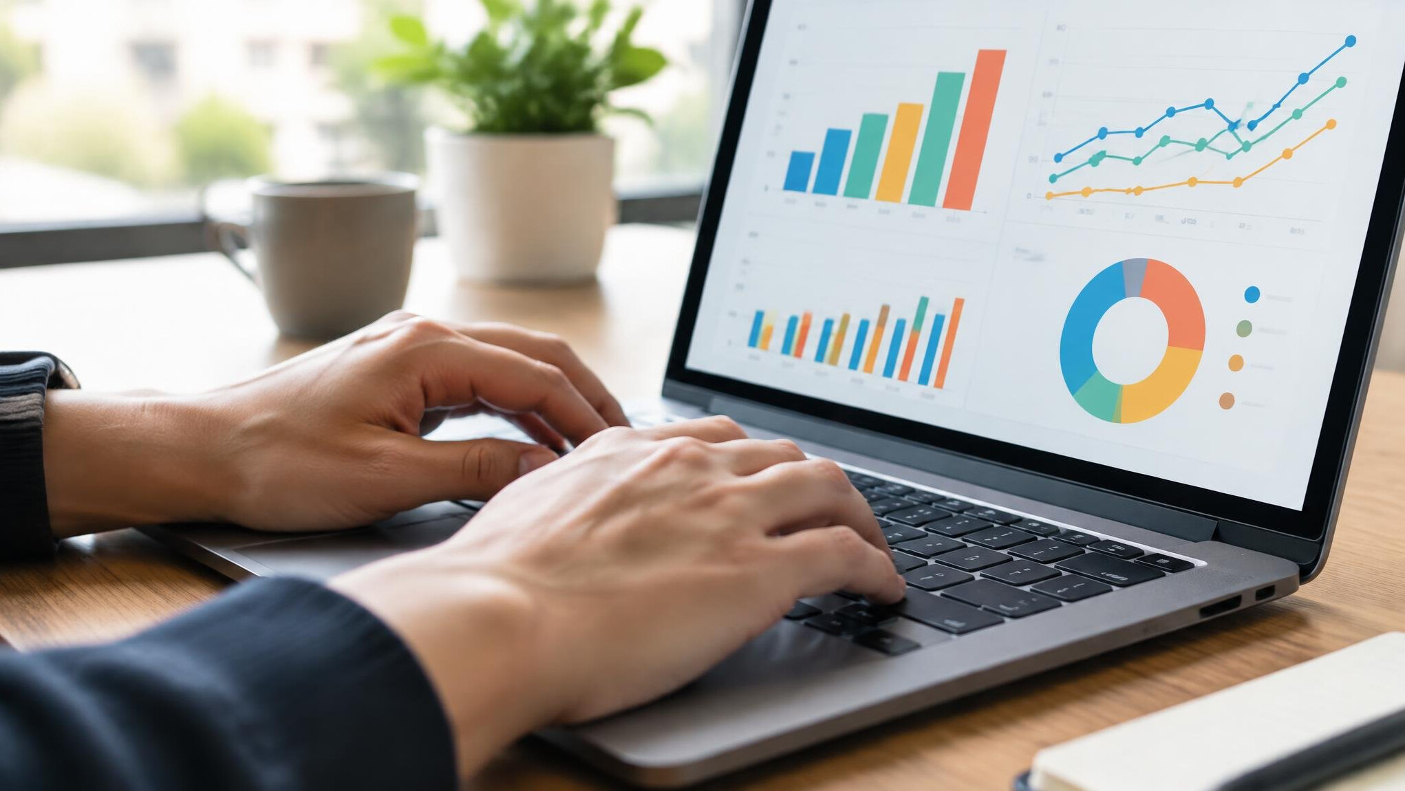 Person typing on a laptop with data charts on the screen