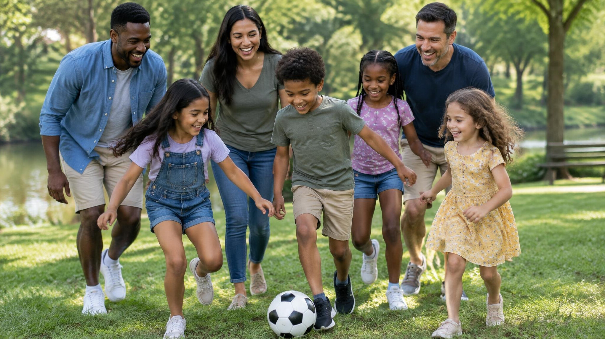 blended family playing outdoors