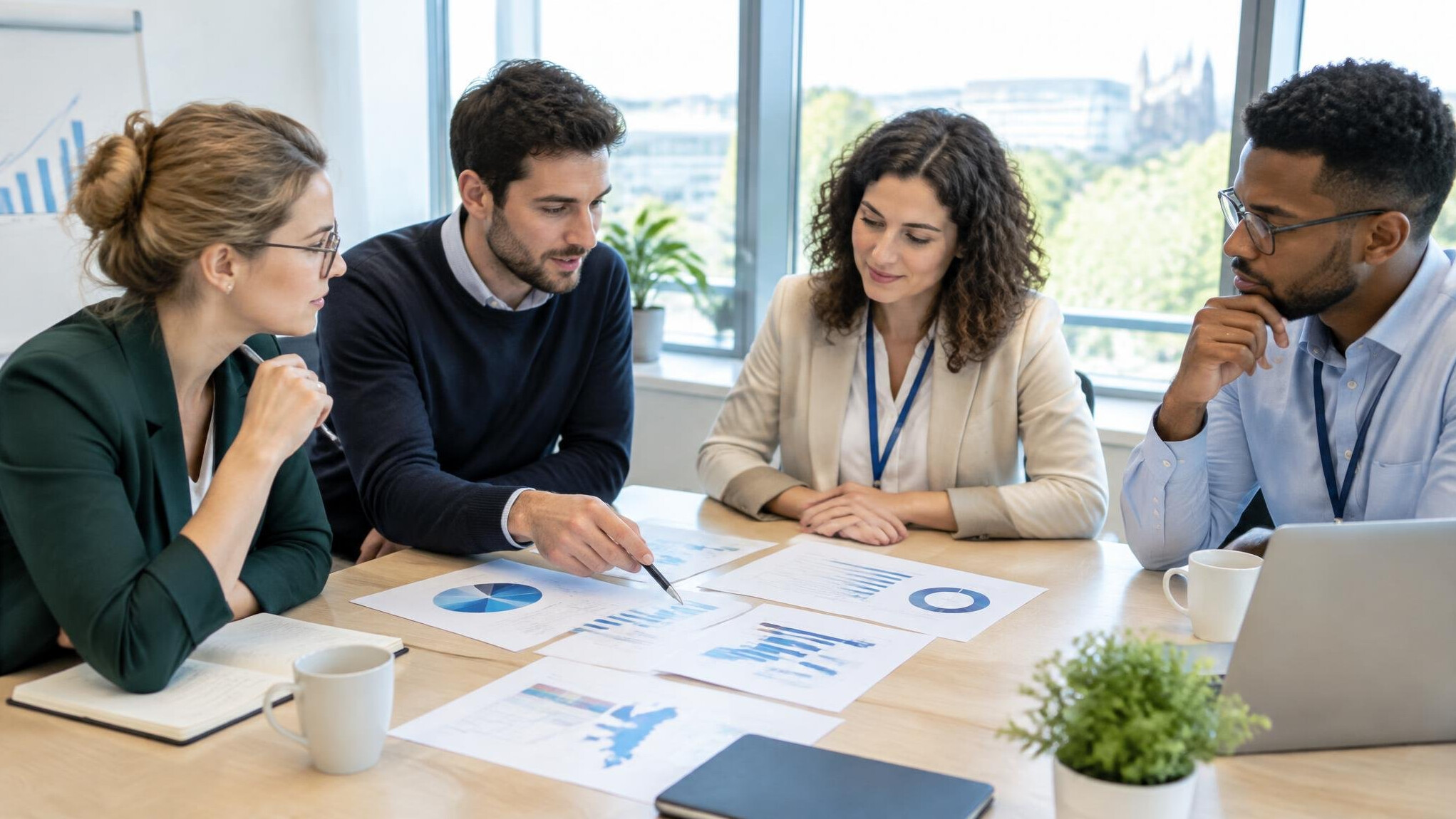 Researchers discussing findings in a bright meeting room
